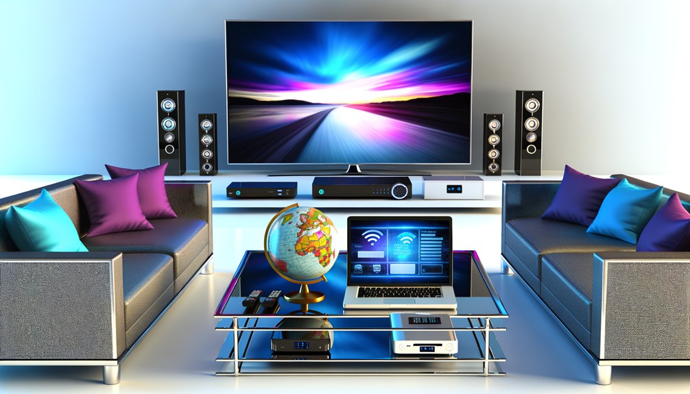 Modern lounge setup with a flat-screen TV streaming content, showcasing the power of the best Smart DNS VPN for streaming 2025.