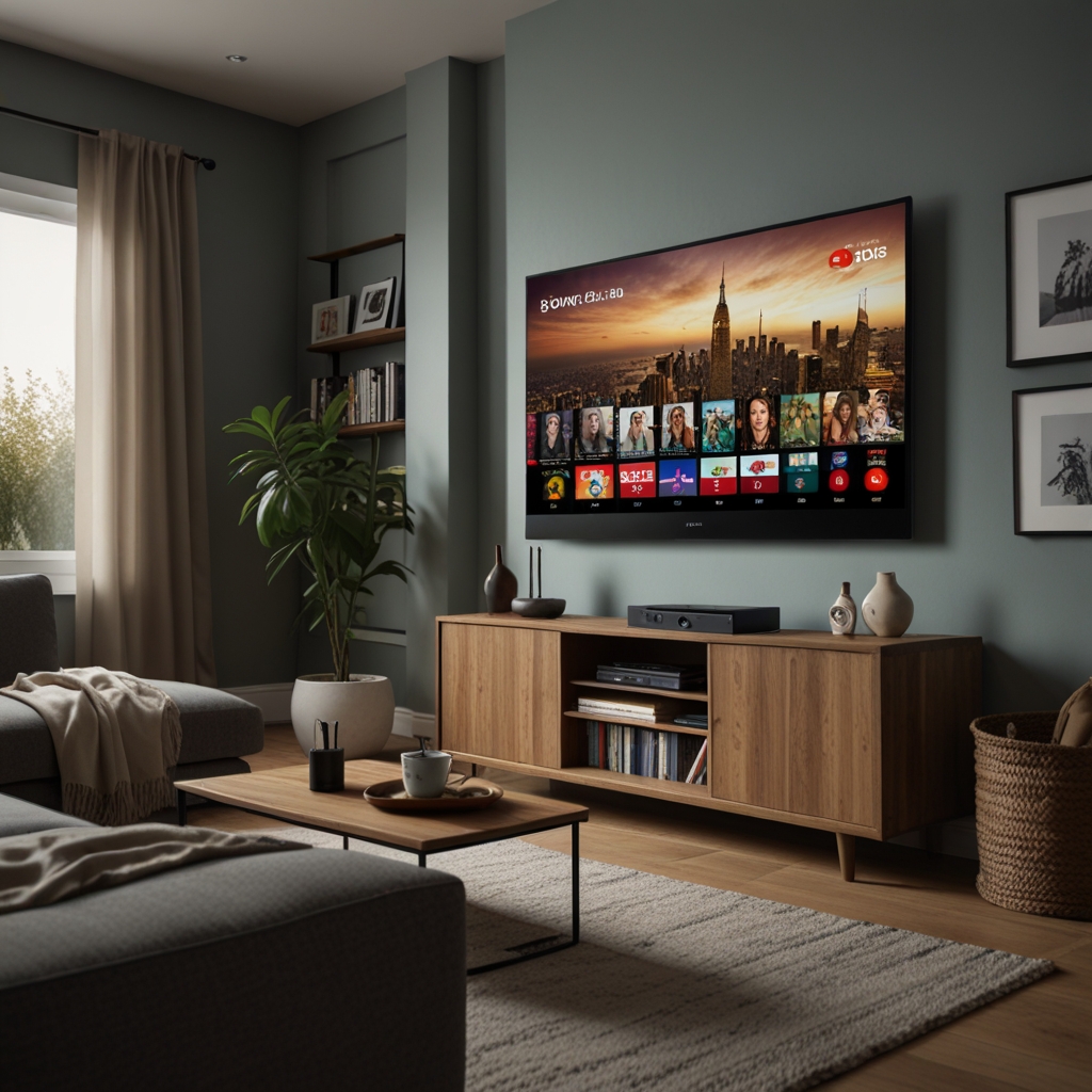 Happy user on a couch streaming international services like Netflix US, BBC UK, and Disney+ Japan through a glowing Smart DNS tunnel, with a fast-flowing data stream labeled “Powered by Getflix VPN,” illustrating Smart DNS and online security in action.