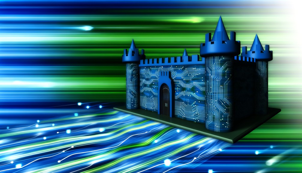 A digital fortress surrounded by glowing blue and green data streams, symbolizing security and speed in a futuristic design.