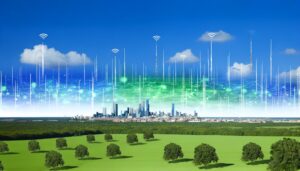 A green landscape with a modern city skyline, streaming icons floating in the sky, and smart eco-friendly devices connected in a digital network beneath a clear blue sky.
