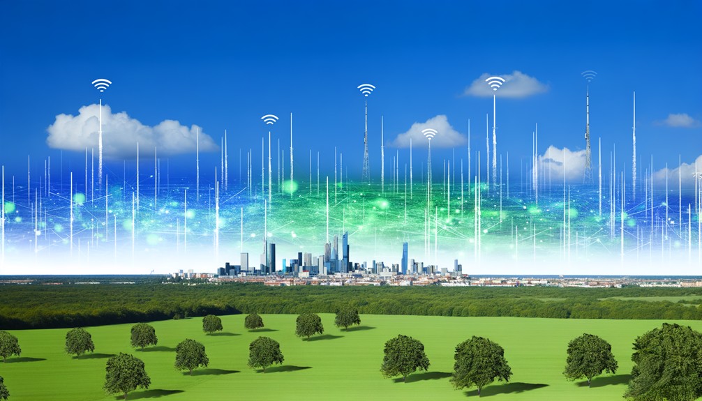 A green landscape with a modern city skyline, streaming icons floating in the sky, and smart eco-friendly devices connected in a digital network beneath a clear blue sky.