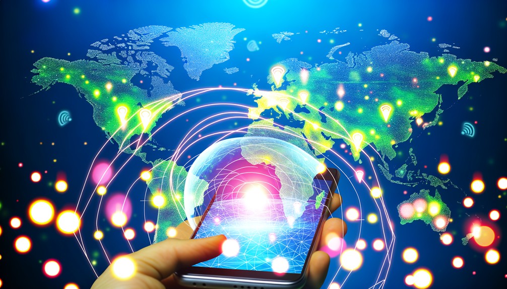 A vibrant world map lit with glowing streaming icons across continents, with a smartphone in the foreground displaying a globe and surrounded by digital waves, representing seamless global streaming connectivity for travelers.