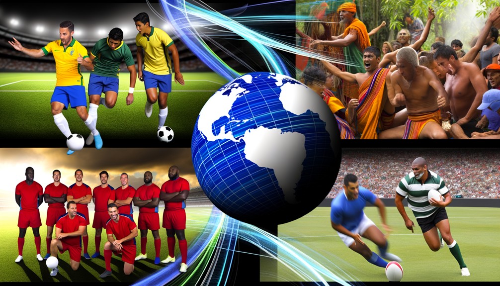 A dynamic collage of global sports events including soccer in Brazil, cricket in India, rugby in Australia, and American football, overlaid with digital streaming graphics and a glowing globe representing worldwide connectivity.