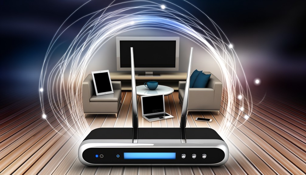 Modern living room with smart TV, laptop, tablet, and smartphone connected via Smart DNS through a sleek router, illustrating seamless multi-device integration.