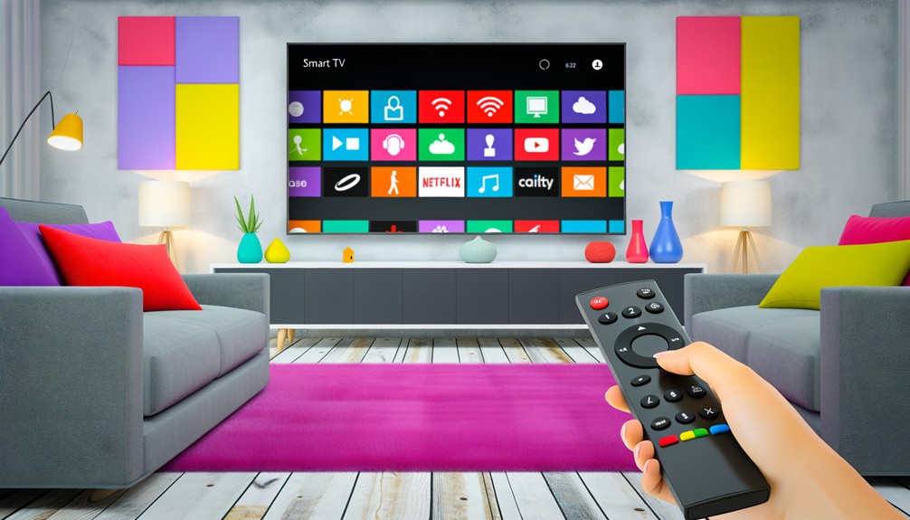 A modern living room with a smart TV displaying streaming service icons, a cozy couch, and a person holding a remote, symbolizing ease and flexibility in entertainment.