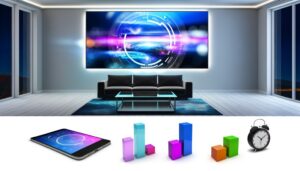 Modern living room with flat-screen TV streaming content, connected devices, and graphics representing digital savings.