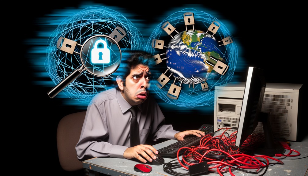 Frustrated user surrounded by tangled wires and routers, staring at a buffering screen with digital globe and lock symbols in the background, representing Smart DNS setup errors and blocked content.