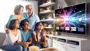 A cozy living room featuring a modern smart TV displaying various streaming platforms, with a happy family in the background and digital lines symbolizing connectivity.