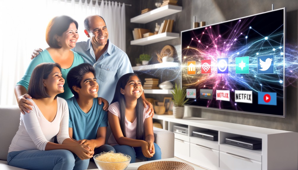 A cozy living room featuring a modern smart TV displaying various streaming platforms, with a happy family in the background and digital lines symbolizing connectivity.