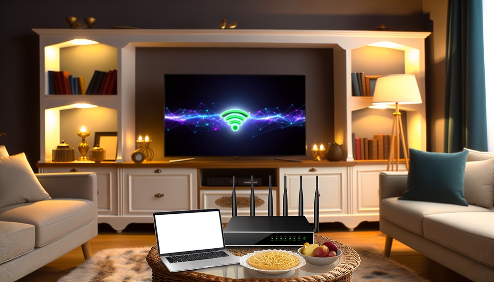 A sleek modern living room featuring a large 4K TV showing vibrant, high-resolution content. A glowing router with smart DNS indicator lights sits nearby, alongside a laptop streaming video seamlessly. The cozy space includes snacks, emphasizing a comfortable and tech-savvy entertainment setup.