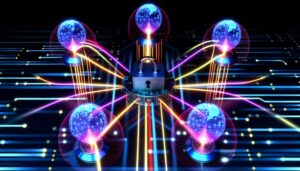 Five interconnected globes, each symbolizing a unique VPN service, emit colorful data streams converging into a central digital lock being unlocked, representing secure global streaming access.