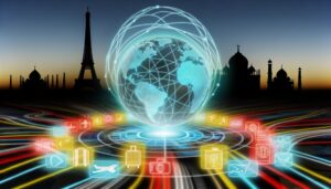 A digital globe with glowing network lines, surrounded by travel icons such as passports and plane tickets, set against famous international landmarks, representing seamless global travel connectivity.