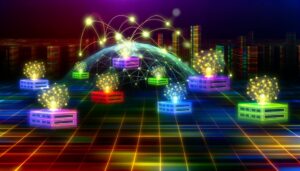 Futuristic digital landscape with streaming platforms and glowing Smart DNS nodes connecting a global network.