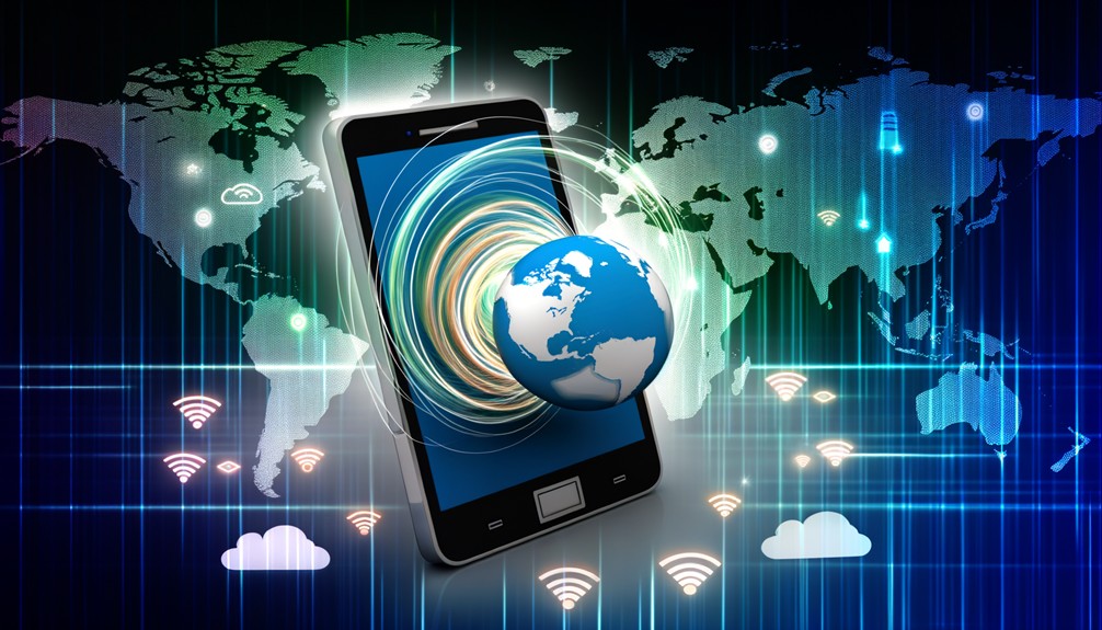 Sleek smartphone showing a glowing globe with streaming icons and global connectivity lines.